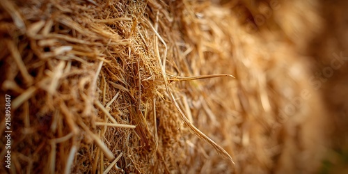 Dried straw sticks are tightly bound in a hay bale close up view