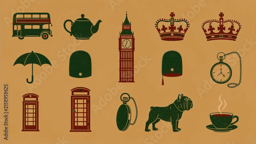 Set of British icons featuring Big Ben, double-decker bus, and telephone booth. Vintage vector illustrations representing London landmarks and culture. England tourism concept for travel guides.