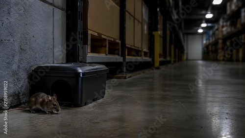 Rodent in dark warehouse near pest control equipment on concrete floor, rat infestation, commercial sanitation, vermin detection, property hygiene and industrial pest management concept