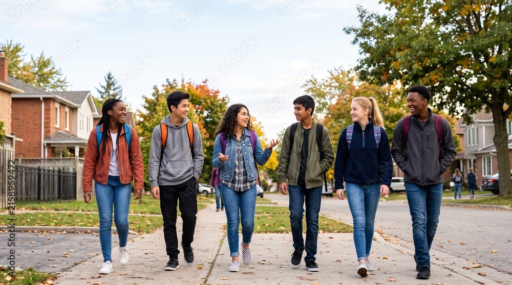 Naklejka premium Group of diverse teenagers walking on sidewalk in suburban neighborhood