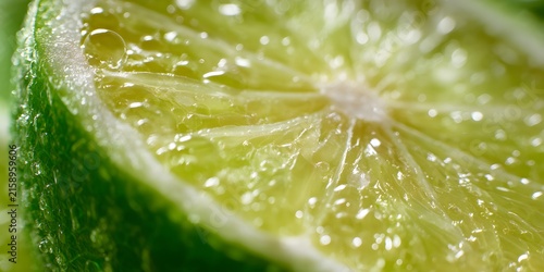 Closeup macro shot of fresh lime slice with translucent juice vesicles glowing under bright lighting