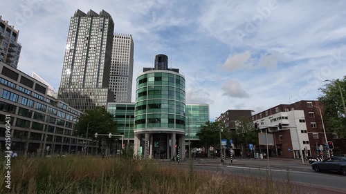 Left Pan Shot of Modern Financial District Buildings
