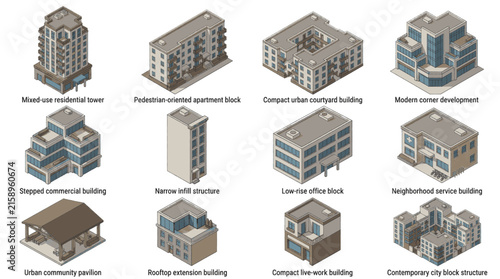 Collection of isometric building illustrations showing various architectural styles and urban designs.