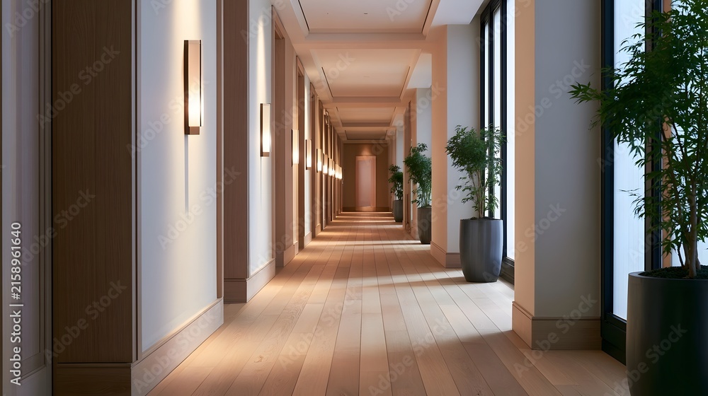 Fototapeta premium A long hallway with wooden floors wall mounted lights and potted plants near tall