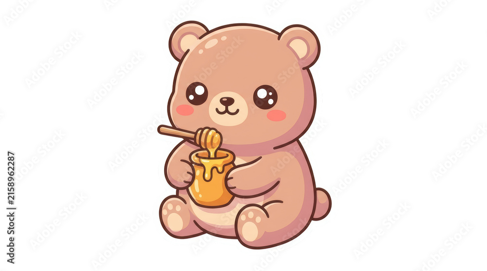 Fototapeta premium Cute cartoon bear holding a honey pot isolated on transparent background