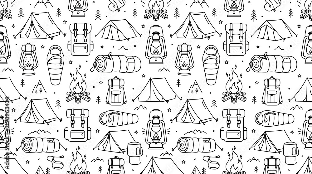 Naklejka premium Camping Gear Seamless Pattern with Tents, Backpacks, Sleeping Bags, Lanterns and Campfires