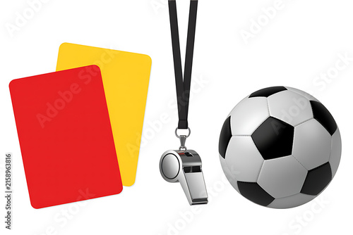 Soccer referee red and yellow cards with whistle and ball illustration
