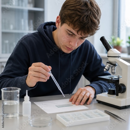 Male student in navy hoodie uses pipette to transfer liquid onto glass slide while working at a laboratory table with microscope and glassware