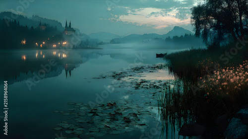 Misty hidden lake landscape surrounded by mountains forest and reflections images