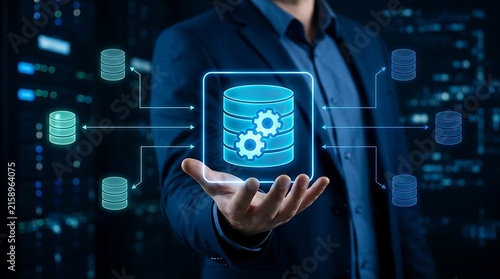 Businessman in dark suit holding glowing database icon connected to server nodes in data center