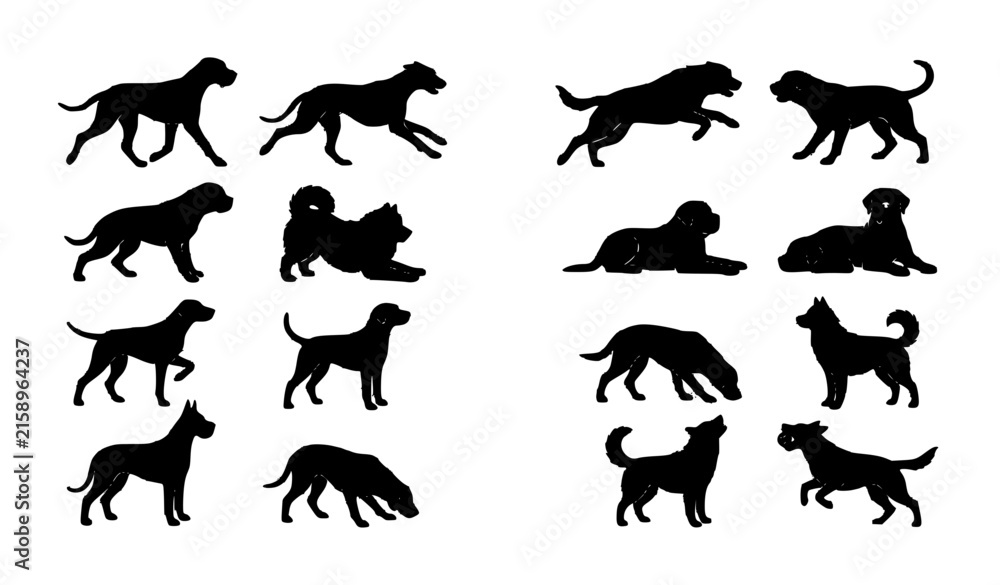 Obraz premium Minimal Dog Silhouette Pictograms Vector Set with Unique Pet Poses and Breeds
