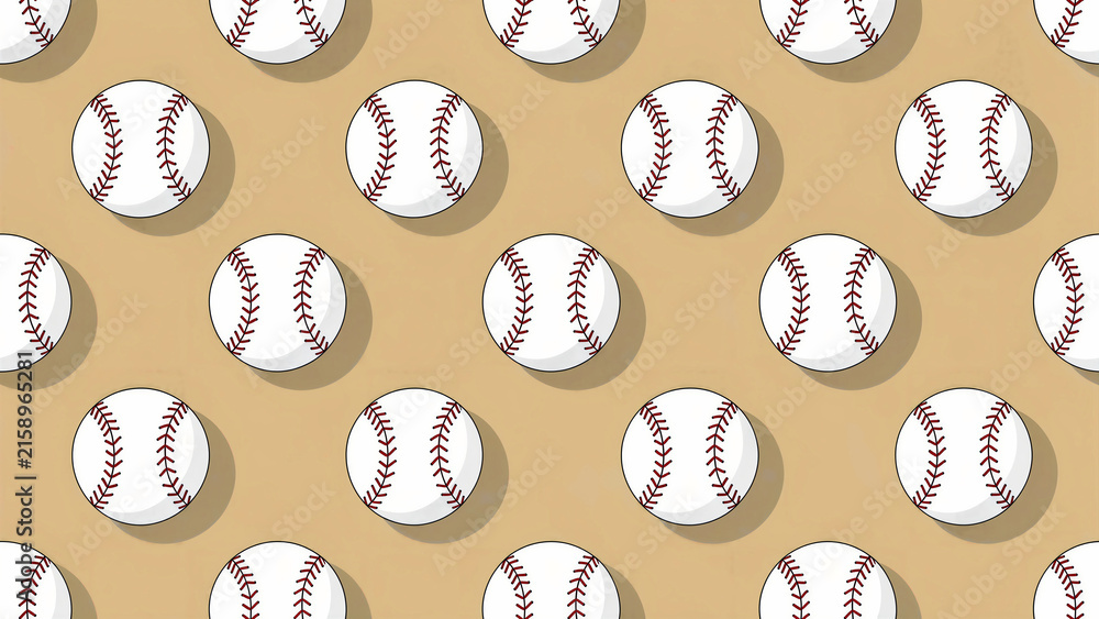 Seamless pattern of baseballs arranged in a grid on a tan background. Illustrative design featuring white balls with red stitching. Sporty graphic ideal for athletic branding and wallpaper design.