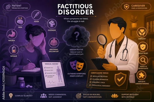 Factitious disorder infographic illustration of feigned symptoms and medical verification