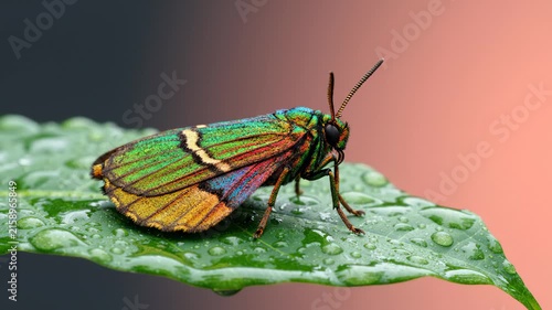 Macro Close Up of a Vibrant Iridescent Moth Resting on a Dewy Green Leaf