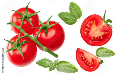 fresh tomatoes with green leaves isolated on white background. clipping path