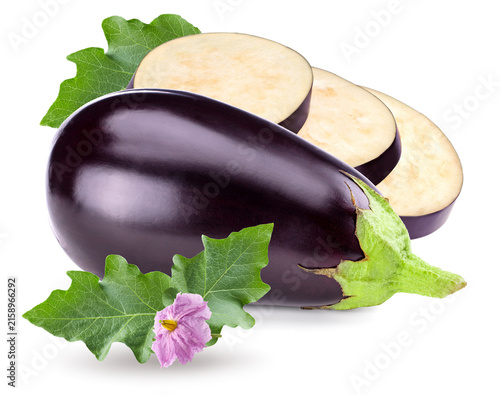 fresh eggplant with slices and green leaves isolated on white background. clipping path