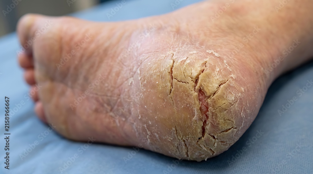 Fototapeta premium Close up of a human foot with severe dry cracked skin and calluses on the heel area