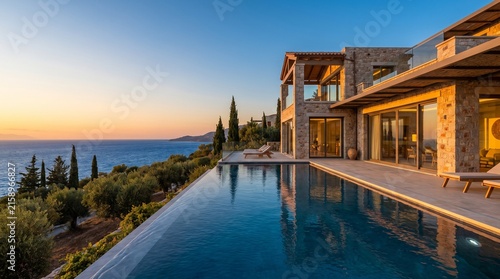 Luxury villa with infinity pool overlooking the Mediterranean sea at sunset.