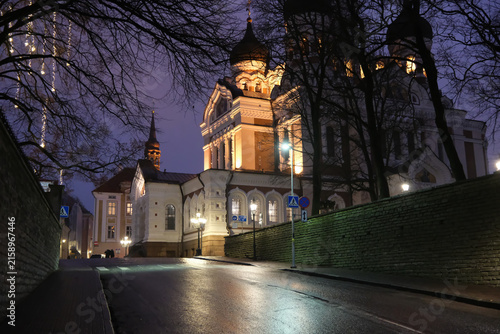 illuminated Alexander Nevsky Cathedral and street at dusk in Tallinn Old Town