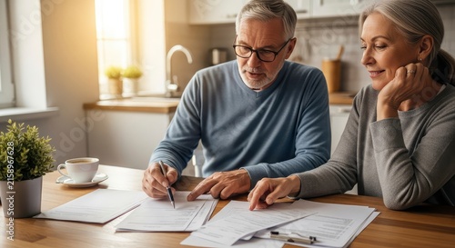 Senior couple sitting at a kitchen table reviewing financial documents, insurance policies, or retirement plans with a sense of security and focus at home.