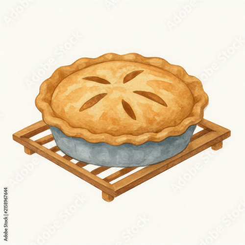 Warm and inviting watercolor illustration of freshly baked pie cooling on wooden rack, showcasing golden crust with decorative slits. Perfect for culinary themes