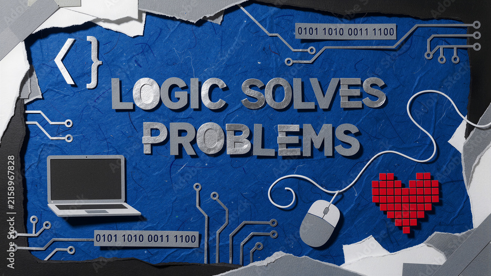 Naklejka premium Logic Solves Problems text with tech paper-cut icons. Features laptop, mouse, pixel heart, and circuit patterns for coding themes. Software development concept, ideal for IT marketing and education.