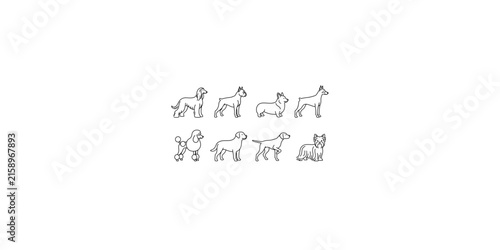 Collection of different dog breeds line art vector icons set with collection illustration isolated background monochrome