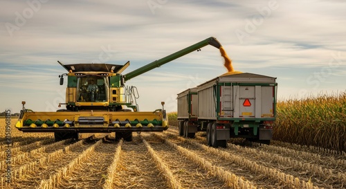 Combine harvester unloading harvested grain into a trailer in a vast cornfield during harvest season at sunset