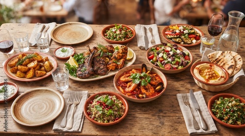 Gourmet vegan tapas platter with fresh herbs and rustic bread on wooden table