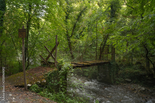 old rusty pedestrian bridge over flowing river in dense green forest with warning sign