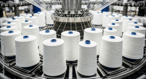Industrial circular knitting machine with multiple spools of white yarn in a textile factory for garment production