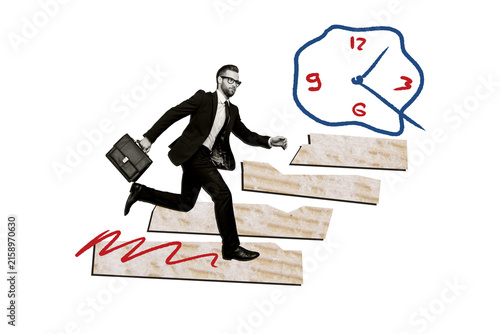 Fotografía Photo collage young businessman runner director boss deadline clock time countdo