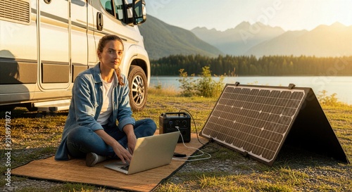 Digital nomad remote work lifestyle scene with woman working on laptop powered by foldable solar panel beside campervan emphasizing off grid productivity sustainable travel and modern freedom