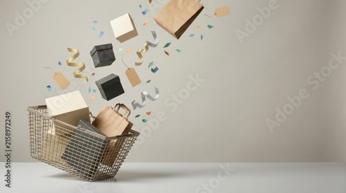 Shopping Basket Tossing Packages and Confetti Into the Air on White Background