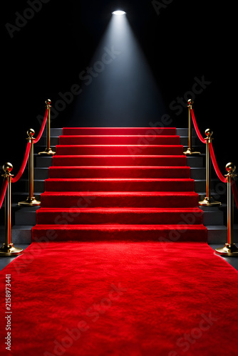 Red carpet staircase with golden railings and spotlight in theater setting