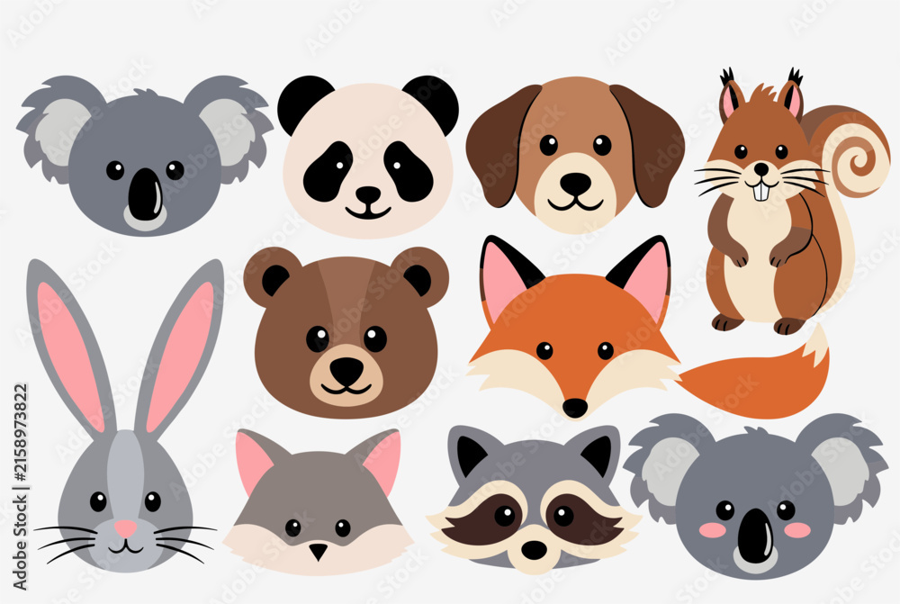 Fototapeta premium Adorable collection of cartoon animal faces including koala, panda, dog, squirrel, rabbit, bear, fox, cat, and raccoon.
