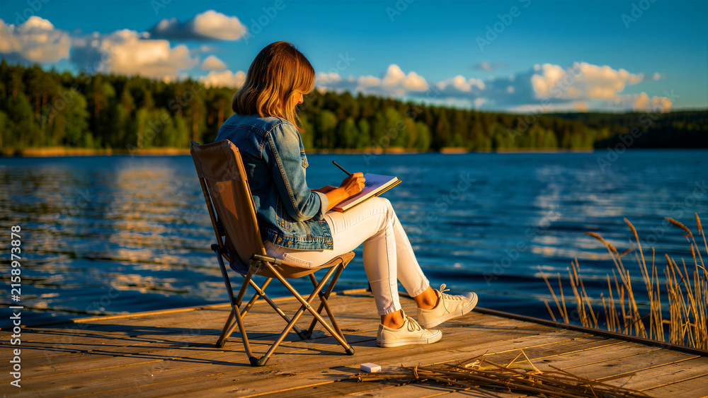 Fototapeta premium Woman sitting on a wooden pier sketching in a notebook by a calm lake. Artist drawing nature scenery during golden hour sunset. Creative hobby concept for wellness and lifestyle marketing.