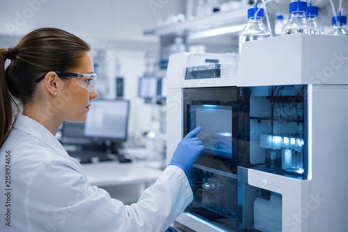 Laboratory Technician Calibrating Precision Analytical Instrument with Touchscreen Interface