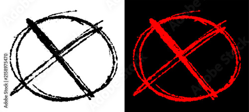 Black and red hand drawn cross circle stop sign doodle clip art. Spray paint grunge splatter aerosol prohibited symbol isolated element for graphic background.