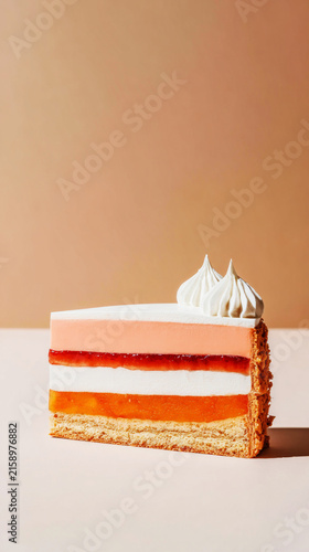 A pie shows layers of peach jam and vanilla cream. The layers are separated by light and airy dough. The pie sits on a surface with soft colors