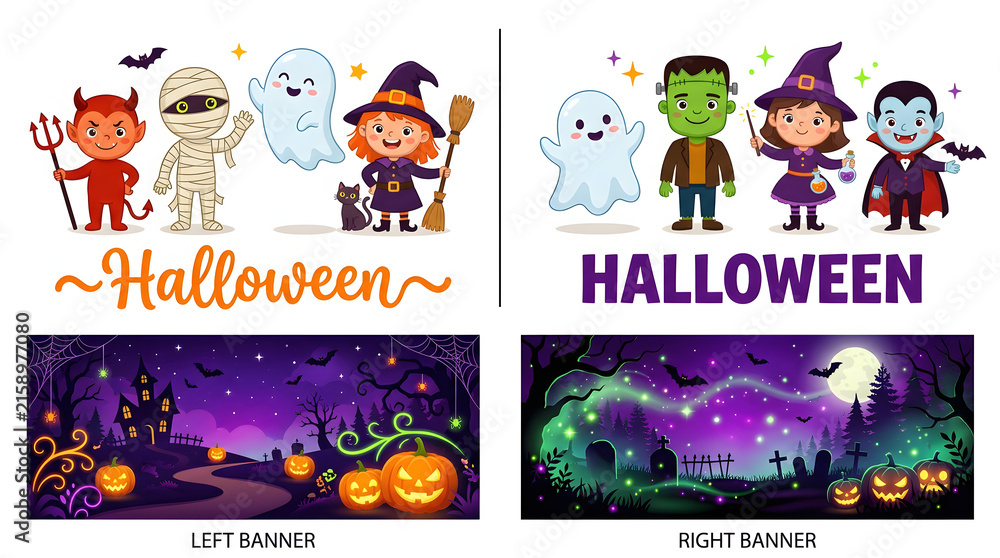 Fototapeta premium Four halloween themed illustrations with characters and spooky night scenes