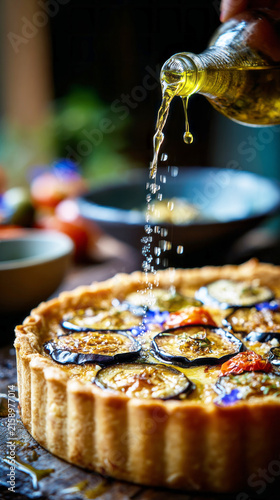 Eggplant and tomato pie with mozzarella served with olive oil at a local restaurant during dinner time