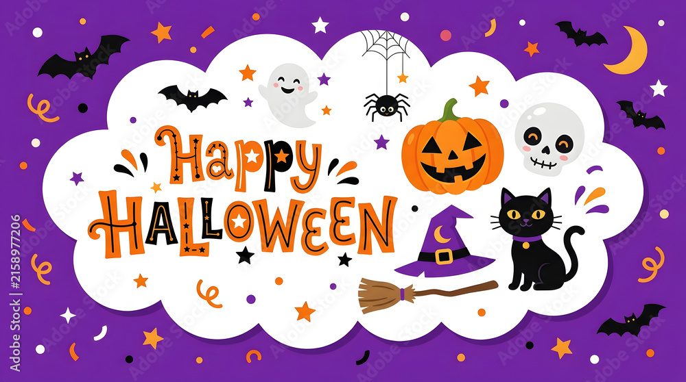 Fototapeta premium Festive happy halloween illustration with ghosts pumpkins bats and a black cat