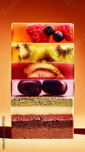 A cake is cut to show its layers of jelly and cream, with the colors clearly visible. The setting is warm, and the dessert looks inviting and tasty
