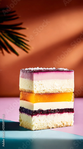 A layered cake sits on a flat surface with various layers of jelly and cream visible. The colors mix beautifully under bright lighting. It looks appetizing and inviting