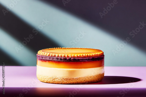 A layered cake sits on a flat surface with various layers of jelly and cream visible. The colors mix beautifully under bright lighting. It looks appetizing and inviting