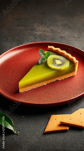 A round kiwi and mint pie sits on a black plate. Thin slices of cookie accompany the pie. Fresh kiwis are placed nearby. The setting is simple and modern, focusing on the dessert
