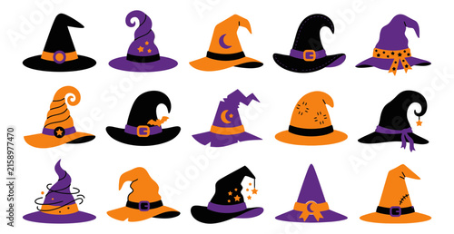 Various halloween witch hats assortment graphic icons set featuring magical headwear styles in purple orange black colors vector illustration halloween collection