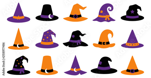 Fotografie Collection of halloween witch hats in various designs colors shapes decorated wi