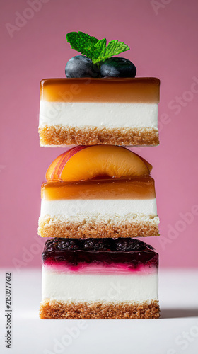 A dessert features three layers with caramel at the bottom, vanilla cream in the middle, and fruit on top. The layers are clear and distinct. The setting has good light